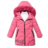 linboo Winterjacke Mädchen Wintermantel mit Abnehmbarer Fellkapuze Warme Lang Mantel Kinder Parka Outdoor Jacke mit Buchstaben und niedliche Muster, Rosa, 128(Etikettengröße: 130)