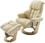 Robas Lund Relaxsessel Calgary mit Hocker, bis 130 kg belastbar, drehbarer Fernsehsessel mit Liegefunktion, Echtleder creme, Gestell Holz natur