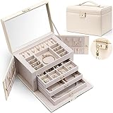 Vlando Baroches Schmuckkästchen aus Leder für Damen, große Schmuckschatulle mit 4 Ebenen, abschließbare Schmuckschatulle für Damen, Schmuckaufbewahrung mit Schubladen für Armbänder, Ringe, Ketten