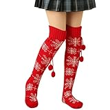 Generisch Frauen Winter Wollknäuel Socken Weihnachten gestrickte Overknee Wollstrümpfe (Red, One Size)