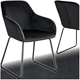 tectake® Samtstoff Esszimmerstuhl, mit Armlehne, Armlehnstuhl Esszimmer, Sessel Wohnzimmer, Schminktisch Stuhl, Office Chair, Schlafzimmer, Lounge Möbel - schwarz/schwarz, 1 Stuhl