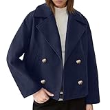 Generisch Kurz Wollmantel Damen Baggy Langarm Mantel Zweireihige Wintermnatel Trechcoat Einfarbig Leichte Freizeitmantel Revers Wolljacke für Alltag Büro Streetwear Windbreaker