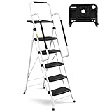 HBTower Leiter 5 Stufen Klappbarer mit Handläufen, Klappbarer Trittleiter mit Breitem Anti-Rutsch-Pedal, Stabiler Praktischer Handgriff, Leichter Tragbarer Stahl-Tritthocker, Weiß