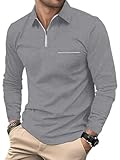 HMIYA Herren Poloshirt-Langarm Poloshirt aus Baumwolle Atmungsaktiv Casual T-Shirt mit Tasche,Hellgrau,M