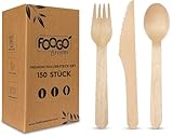 FOOGO Green 150-teiliges Einweg-Holzbesteck-Set, 50x Gabeln, 50x Löffel, 50x Messer, 16 cm, biologisch abbaubar, kompostierbar, umweltfreundliches Besteckset, Party-Picknick