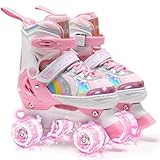OLYSPM Rollschuhe Kinder Verstellbar Rollschuhe Damen,LED Rollschuhe und 4 Größen verstellbar,mit Aufbewahrungstasche für Mädchen,Jungen und Anfänger(BlassRosa,M)