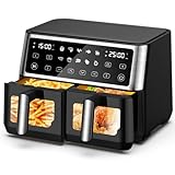Heißluftfritteuse 2 Kammern mit Sichtfenster,10L Dual Zone XXL Airfryer,10-in-1 Voreingestellten Programmen, Touchscreen, Intelligente Synchronisierung und Timer, Energiesparend, Friteuse ohne Öl