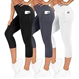 TNNZEET 3er Pack Leggings Damen 3/4 mit Taschen Capri für Sport, High Waist 7/8 Caprihose Sporthose für Gym(Schwarz/Dunkelgrau/Weiß,L-XL)