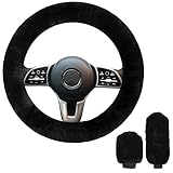 3 Stück Auto Lenkradhülle, Universal Lenkradabdeckung Handbremse Getriebe Abdeckung Plüsch Winter Anti Rutsch Warme Lenkrad Abdeckung Lenkradschoner Lenkradbezug Auto Zubehör, 36-39cm (Schwarz)