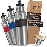 HiLo sports Trinkflasche Fahrrad Edelstahl 750ml - [Ohne Isolierung] - Mit 2 Verschlüssen - Auslaufsichere Fahrrad Trinkflasche - Fahrradflasche geschmacksneutral (Schwarz)