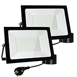 Meision LED Strahler Außen 100W, LED Scheinwerfer mit Stecker, Superhell Aluminium Warmweiß LED Fluter 3000K IP66 Wasserdicht, LED Außenstrahler mit 3 Meter Kabel für Garage, Garten, 2 Stück