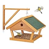 Relaxdays Vogelfutterhaus Holz, zum Aufhängen, HBT: 35x42,5x40,5 cm, Garten, Vogelfutterspender für Kleinvögel, Natur