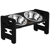 Vantic Hundenapf erhöht mit Ständer, Hundebar höhenverstellbar Futternapf für kleine Hunde und Katzen, haltbar Futterbar Futterstation Bambus mit 2 Edelstahlnäpfen und Rutschfesten Füßen(Schwarz)