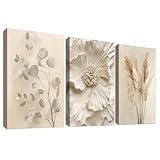 3Pcs Beige Blume Pampasgras Leinwand Bilder Set Mit Rahmen Creme Eukalyptus Blatt Bilder auf Leinwandbilder Minimalistisch Floral Wandbilder Wohnzimmer Schlafzimmer Badezimmer Wanddeko 30x40cm x3pcs