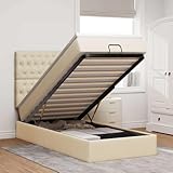 Mandloder Ottoman-Bett mit Matratze & LEDs, Creme 90x190 cm, Stoffbezug, Taschenfederkern, Stauraum, verstellbares Kopfteil, modernes Design