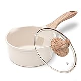 JEETEE Kasserolle 16cm, 1.5L Stielkasserolle mit Deckel, klein Kasserolle Stieltopf, Milchpfanne, Milchtopf beschichtet, geeignet für Induktions, Elektro und Gas (Beige)