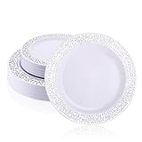 MUXHEL 50er-Set Weiße Plastikteller, 19cm & 26cm Mehrweg Kunststoffteller, Plastikteller Mehrweg, Partyteller Partygeschirr Plastikgeschirr, Partyteller mit Silbernem für Hochzeiten, Partys