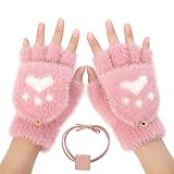 Halbfinger Handschuhe Damen,Katzenpfote Handschuhe,Damen Fingerlose Handschuhe,Abdeckung Umdrehen Handschuhe,Winterhandschuhe Damen,Handschuhe Winter,Plüsch Halbhandschuhe für Mädchen Kinder,Rosa