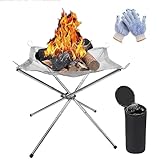 Tragbare Feuerstelle für Camping, 42 cm, faltbare Edelstahl-Mesh-Feuerstelle, Kamin, Grill-Feuerschale mit hitzebeständigen Handschuhen und Tragetasche, Grill-Feuerschale für Picknicks, Lagerfeuer,