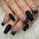 LunarCharm 24 Stück Frühlings-Aufdrücknägel mit rosa Blumendesign, mittelgroß, künstliche Nägel, rosa/schwarz, quadratisch, Aufdrücknägel, Sargform, glänzend
