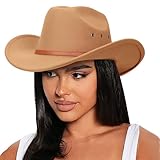 DRESHOW Cowboyhut für Damen & Herren Viehzüchter Western Fedora Filzhut Cowgirlhut mit Breite Krempe und Schnallengürtel Unisex Aufrollbare Krempe Hut