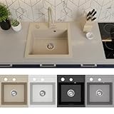 Faizee Möbel | Spülbecken Granit Beige 49x52 cm | Hochwertige Küchenspüle & Einbauspüle | Eckiges Spülbecken | Beidseitig montierbare Granitspüle | Einbaugranitspüle ab 45 cm | Inkl. Siphon-Set