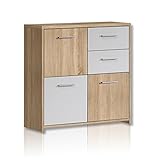 FORTE Quadro Kommode mit 3 Türen und 2 Schubladen, Holzwerkstoff, Sonoma Eiche / Weiß, 77.2 x 29.6 x 77.5 cm