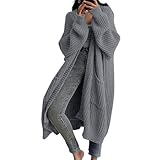 Strickjacke Damen Lang Oversize Grobstrickjacke Herbst Dicker Strickjacken Grobstrick Strickcardigan Offene Strickmantel Flauschiger Damenstrickjacke Weich Longstrickjacke mit Taschen（2-Dunkelgrau,L)