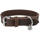 TRIXIE Rustic Halsband Leder Größe S–M: Halsumfang 34–40 cm/25 mm in Dunkelbraun - genähtes Lederhalsband für kleine bis mittelgroße Hunde, in klassischem Design, schonendes Anleinen, 19005