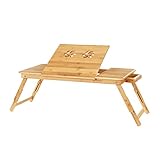 SONGMICS Laptoptisch, klappbarer und höhenverstellbarer Notebooktisch, mit Lüftungslöchern, für Links- und Rechtshänder, Betttisch aus Bambus mit Schublade, 72 x (21-29) x 35 cm (B x H x T) LLD004