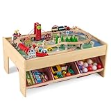 FANTASK 94-teiliges Holz Aktivitätstisch, Spieltisch mit 2 wendbaren Tischplatten, 3 Stoffschubladen, 2 in 1 Eisenbahn-Set zum Spielen für Kinder ab 3 Jahren, Natur