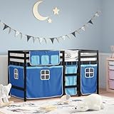 IKAYAA Halbhochbett mit Vorhängen für Kinder aus Kiefernholz, inklusive Lattenrost, Kinderbett 80 x 200 cm, Hochbett für Kinder, für Jungen und Mädchen, Schwarz und blau