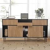 Ojiuboo Moderner Aufbewahrungsschrank mit Vier Schiebetüren und Einer Schublade, Eiche-Schwarz-Kombination, 160 x 40 x 80 cm