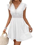 SweatyRocks Damen Kleid V Ausschnitt Sommerkleider Spitze Öse Stickereien Kleider A Linie Freizeitkleider Kurzarm Damenkleider Kurzes Boho-Kleid Weiß S