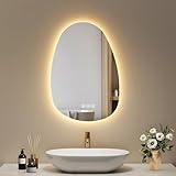 EMKE Spiegel mit Beleuchtung Asymmetrischer LED Badspiegel 65 x 45 cm Touch-Schalter, 3 Lichtfarben Dimmbar, Beschlagfrei Badezimmerspiegel mit Beleuchtung IP44 Energiesparend