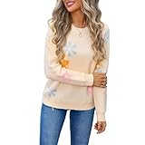 HEYPORK Damen Herbst Winter Warm Bequem Pullover Casual Mode Strickjacke Strickpullover Frauen Bedruckte Blume Pullover Shirt(Aprikose, XL)
