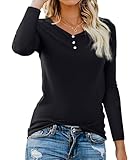 Lantch Langarmshirt Damen Baumwolle Basic V-Ausschnitt Herbst Shirt Langarm Longsleeve Damen Oberteile Tunika Tshirt Tops mit Button