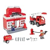 Lemodo Klemmbausteine Set, Feuerwehr-Station mit Fahrzeuge, Bausteine und Fahrzeuge, Große Bausteine für kleine Kinderhände, Bunte Bauklötze aus Plastik, Spielzeug für Kinder