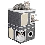 3 Schicht Katzenhaus, Faltbare Katzenhöhle für Große Katzen, 40L*40B*63H cm, Indoor Katzenwürfel, Aufteilbar in 2 Große Katzenhöhlen mit Katzenversteck, Großer Katzenbett mit Kratzbrett und Spielball