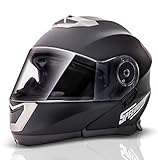 Klapphelm Motorrad für Herren Damen Motorradhelm Rollerhelm Helme Klappbarer Stoßfester Motorradhelm mit Sonnenblende Doppelvisier Integralhelm - ECE 22.06 Zertifiziert (S (55-56 cm), Mattschwarz)