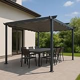 Pergola 9m² mit ausziehbarem Textildach 200g/m² | Pavillon Terrassenüberdachung Schiebedach 3 x 3m anthrazit 9x9cm Pfosten