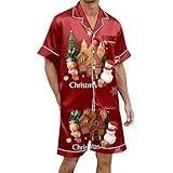 Schlafanzug Thermounterwäsche Lässiges, bequemes stilvolles Weihnachts-Nachtwäscheset mit kurzen Ärmeln für Herren (Red, XL)