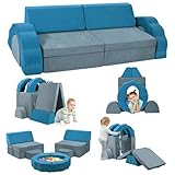 Lischwert Kindersofa, 10pcs Spielsofa für Kinder Schaumstoff Bausteine, Modulares Kindersofa Weicher Kindermöbel Couch für Jungen und Mädchen Entwicklung Intelligenz（Graue und Blaue Farbabstimmung）