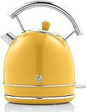 Swan Retro Elektrischer Wasserkocher 1,8 Liter, Vintage Design, Abschaltautomatik Strix Controller, Kabellos, BPA-freier Edelstahl, 2200W, Gelb