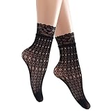 Oxxggkao 1 Paar Modische Schwarze Netz Mesh Söckchen Mit Ausgehöhltem Geometrisch Gemustertem Spitzenbesatz Kurz Für Damen