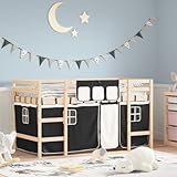 Festnight Hochbett Kinder mit Vorhang Spielbett Kinderbett 90x200 cm Kinderhochbett Etagenbett Hausbett Holzbett mit Leiter Einzelbetten Jugendbett Bettgestell Halbhochbett