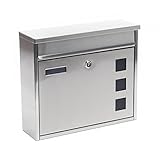 Wiltec Briefkasten V12 Edelstahl 360 x 115 x 315 mm, Wandbriefkasten mit Schloss, Sichtfenstern und Namensschild, Postkasten aus Stahl