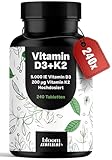 Vitamin D3 K2 hochdosiert – 240 Tabletten mit 5000 IE D3 & 200 µg K2 – 99,7+% All-Trans K2-MK7 - Vitamin D - produziert in Deutschland - Verpackung kann variieren