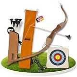 FLITZEBOGEN Pfeil und Bogen Kinder Set aus Holz mit Saugnapfpfeilen Zielscheibe Köcher Armschutz und Tasche - Spielzeug für Indoor und Outdoor Spiele ab 4 Jahren