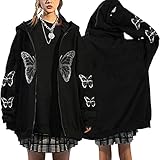 Y2K Zip Up Hoodie Damen Oversize Hoodies Jacke Y2K Fashion Übergroße Schmetterlinge Pullover Aesthetic Vintage Damen Sweatjacke Baggy 90S E-Girl Fashion Harajuku Vintage Jacke Mantel Streetwear